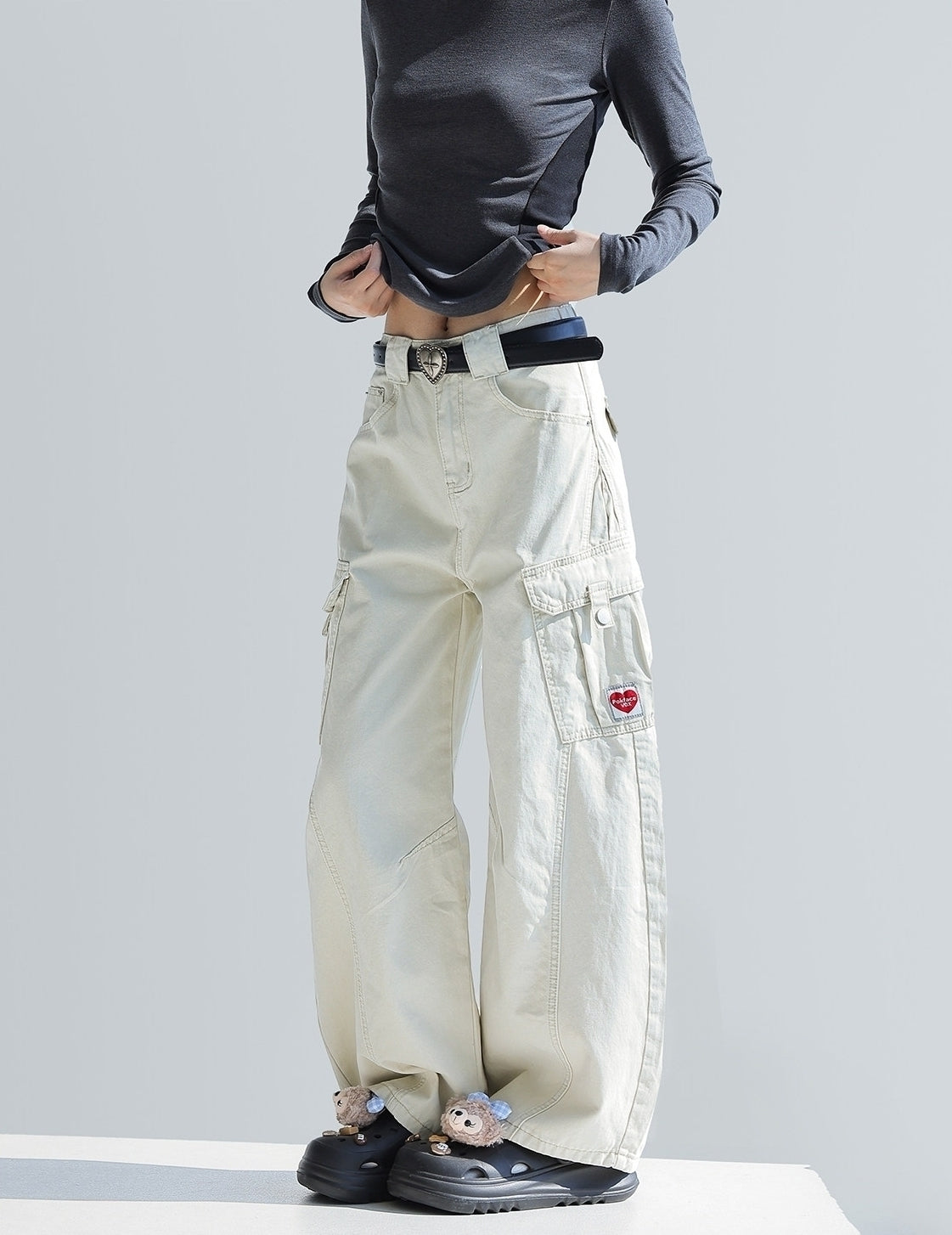 Deconstructed Curved Workwear Wide Leg Pants