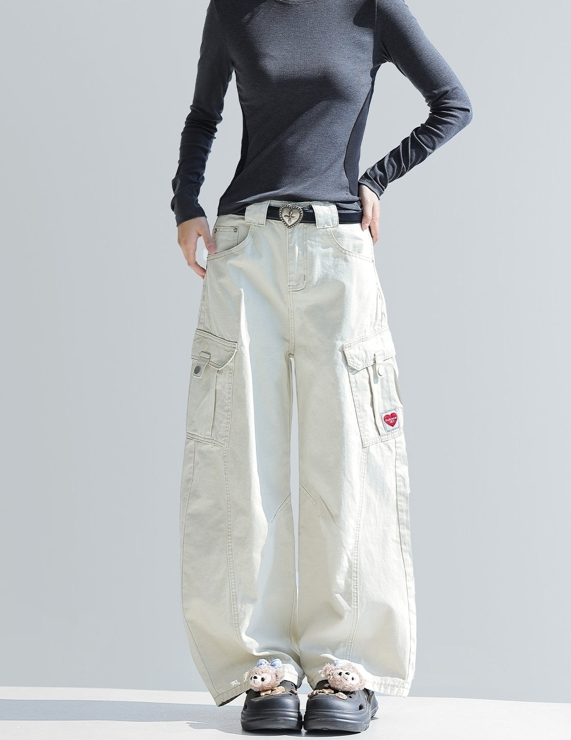 Deconstructed Curved Workwear Wide Leg Pants