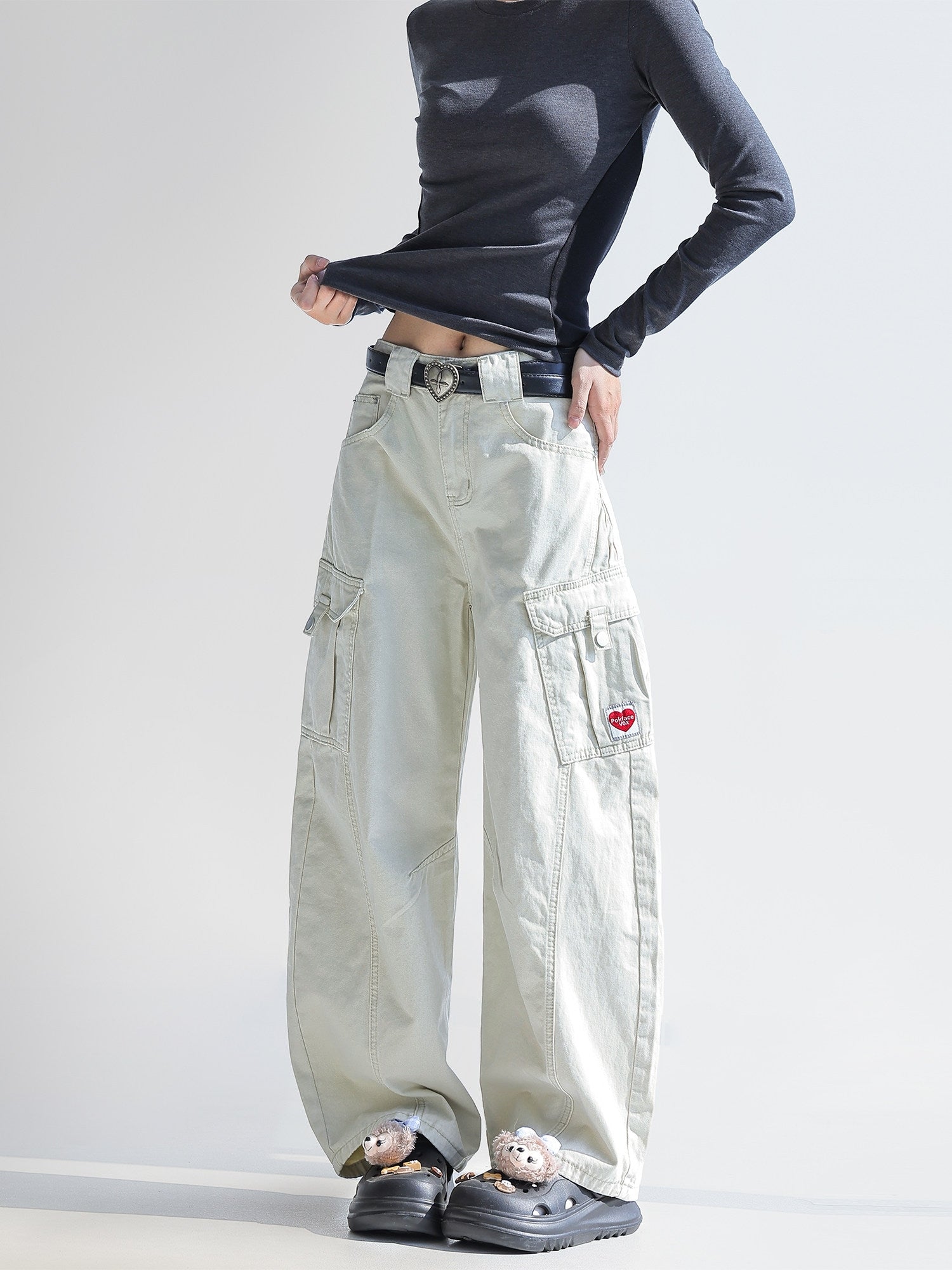 Deconstructed Curved Workwear Wide Leg Pants