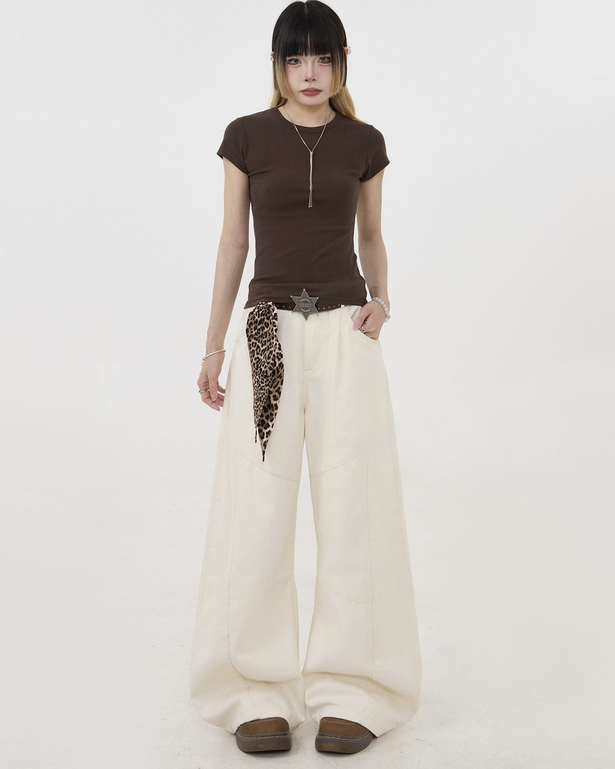 Deconstructed Wide Leg Jeans With Leopard Tie Detail