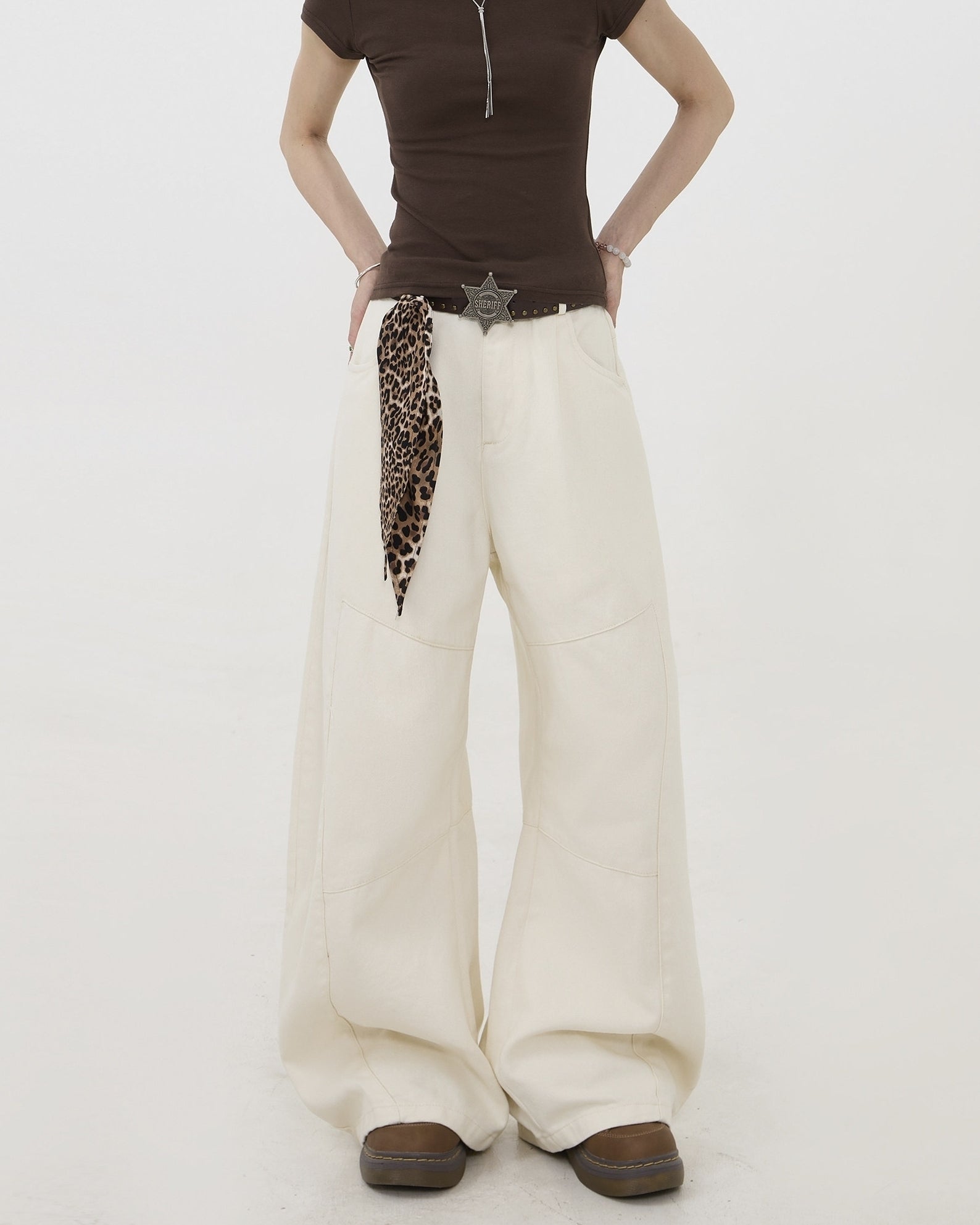 Deconstructed Wide Leg Jeans With Leopard Tie Detail