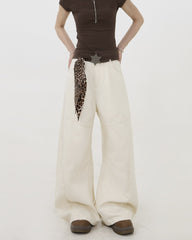 Deconstructed Wide Leg Jeans With Leopard Tie Detail