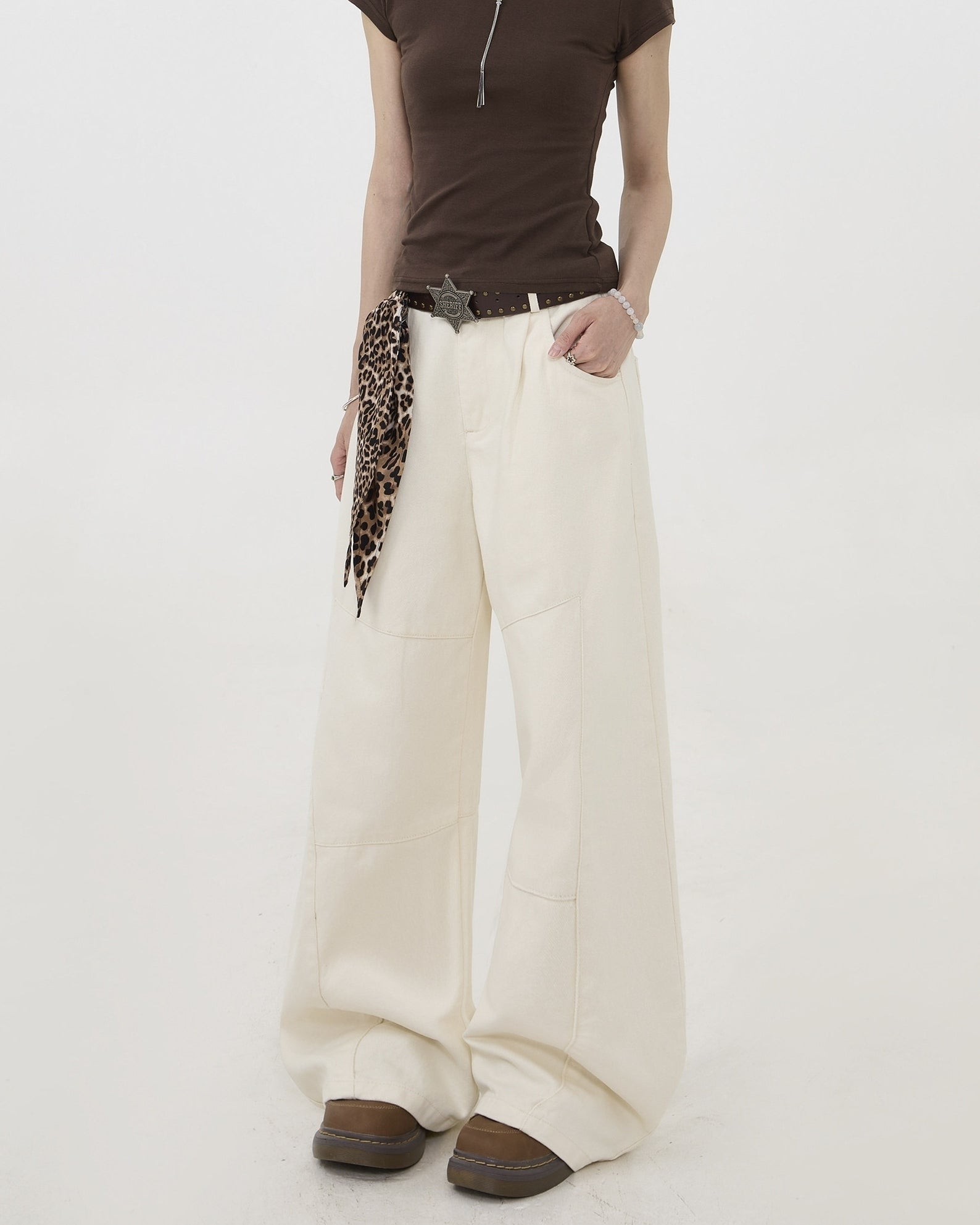 Deconstructed Wide Leg Jeans With Leopard Tie Detail