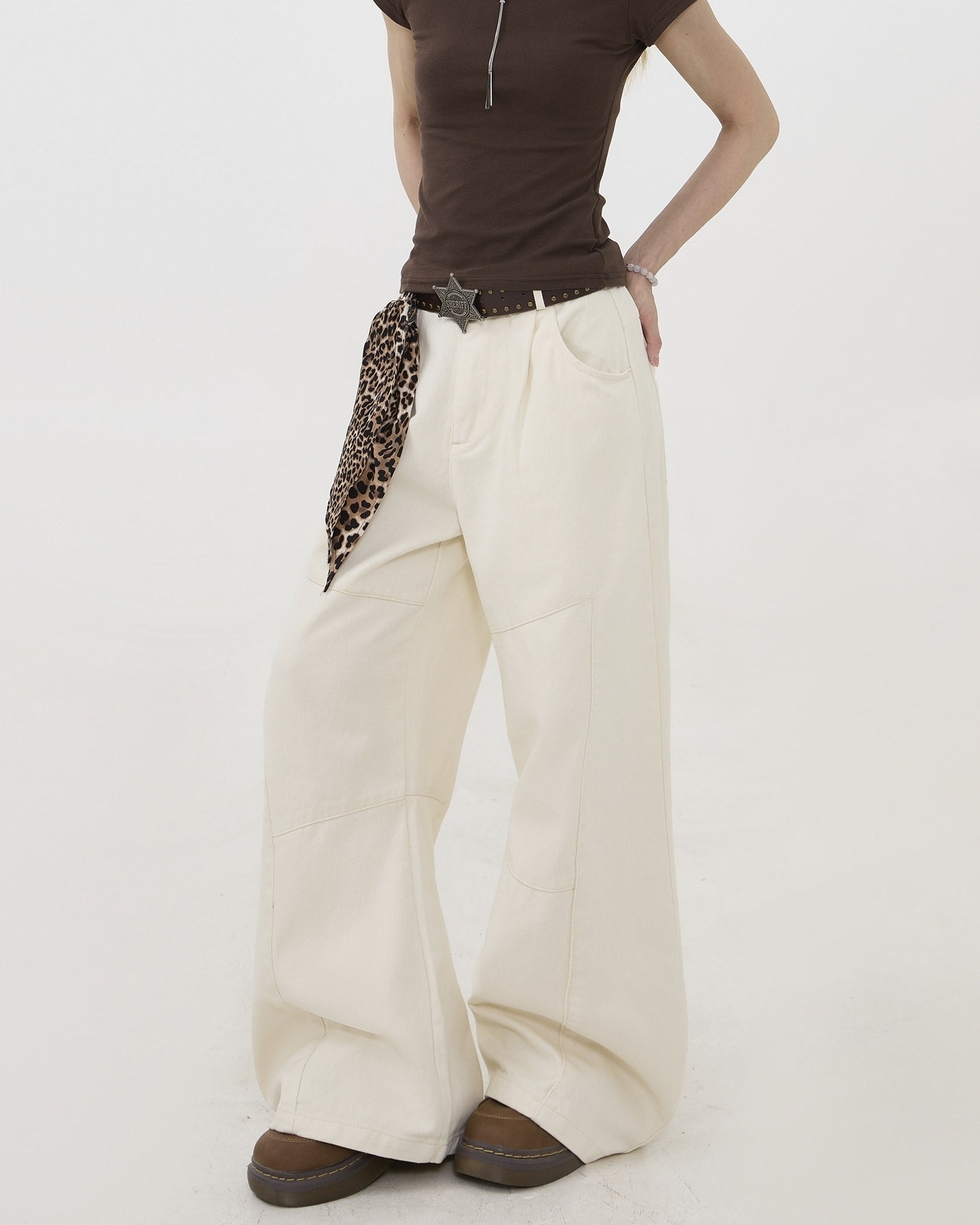 Deconstructed Wide Leg Jeans With Leopard Tie Detail
