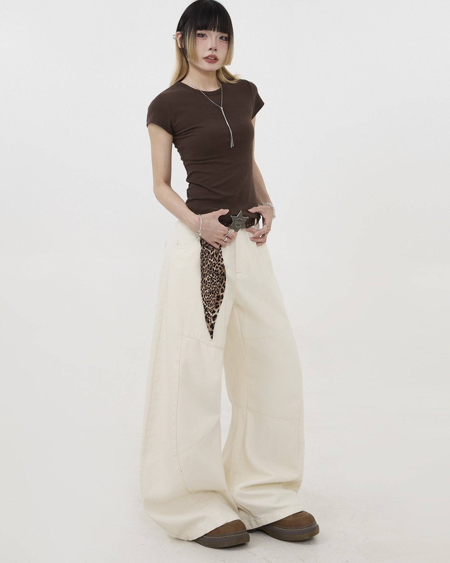 Deconstructed Wide Leg Jeans With Leopard Tie Detail