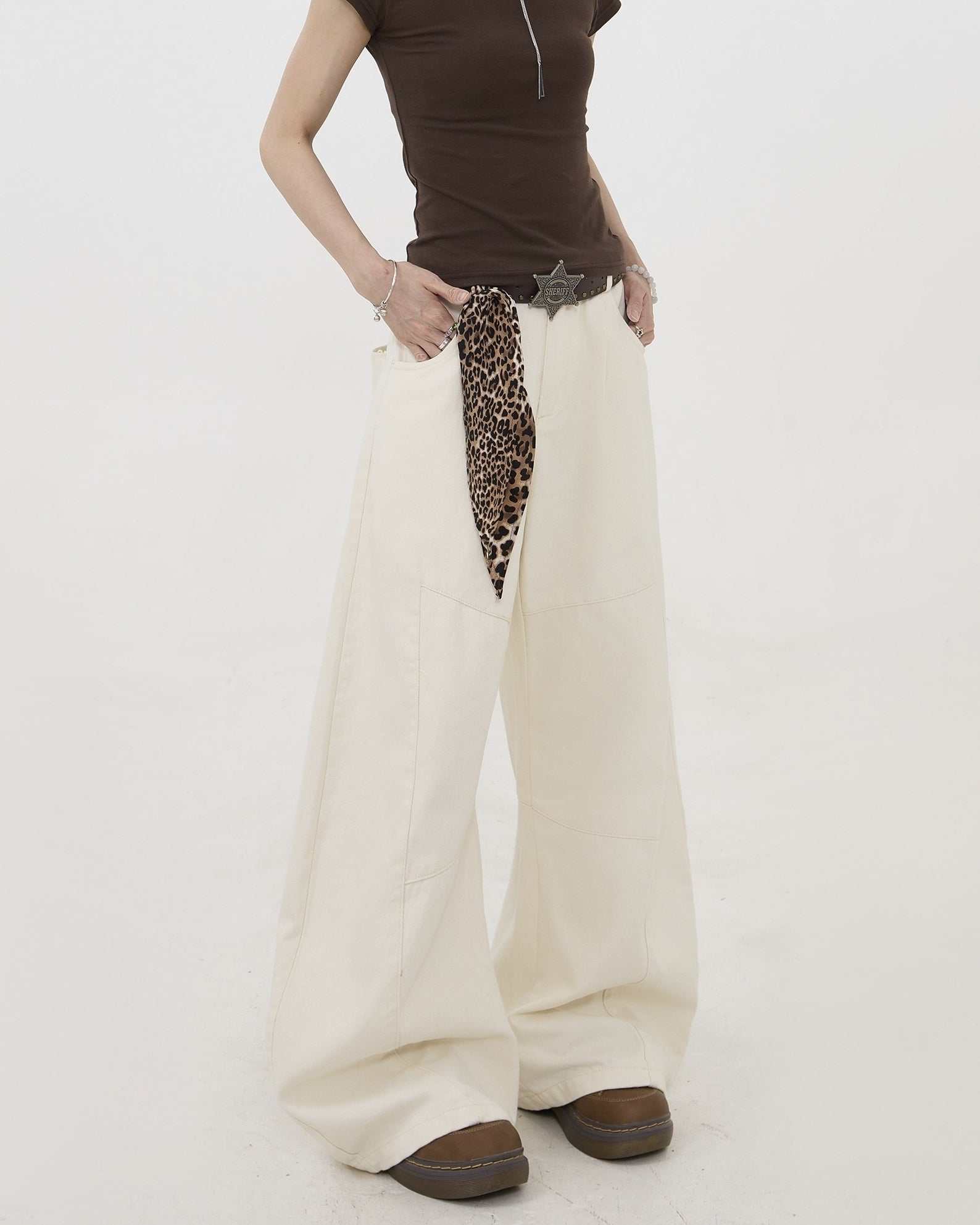 Deconstructed Wide Leg Jeans With Leopard Tie Detail