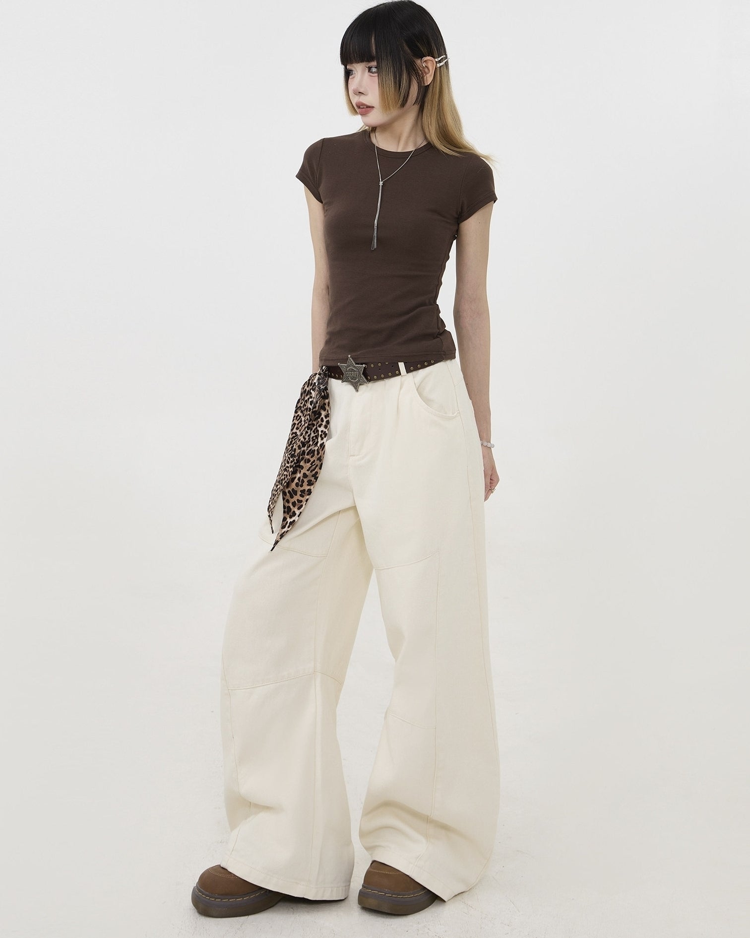 Deconstructed Wide Leg Jeans With Leopard Tie Detail