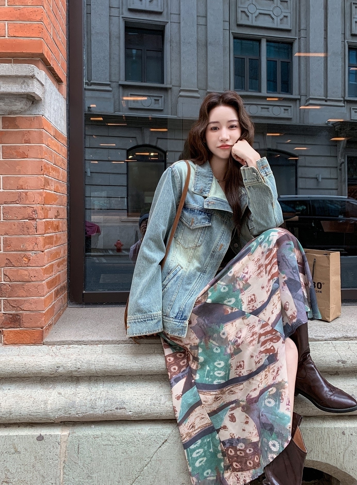 Denim Jacket And Printed Dress Set Spring Autumn