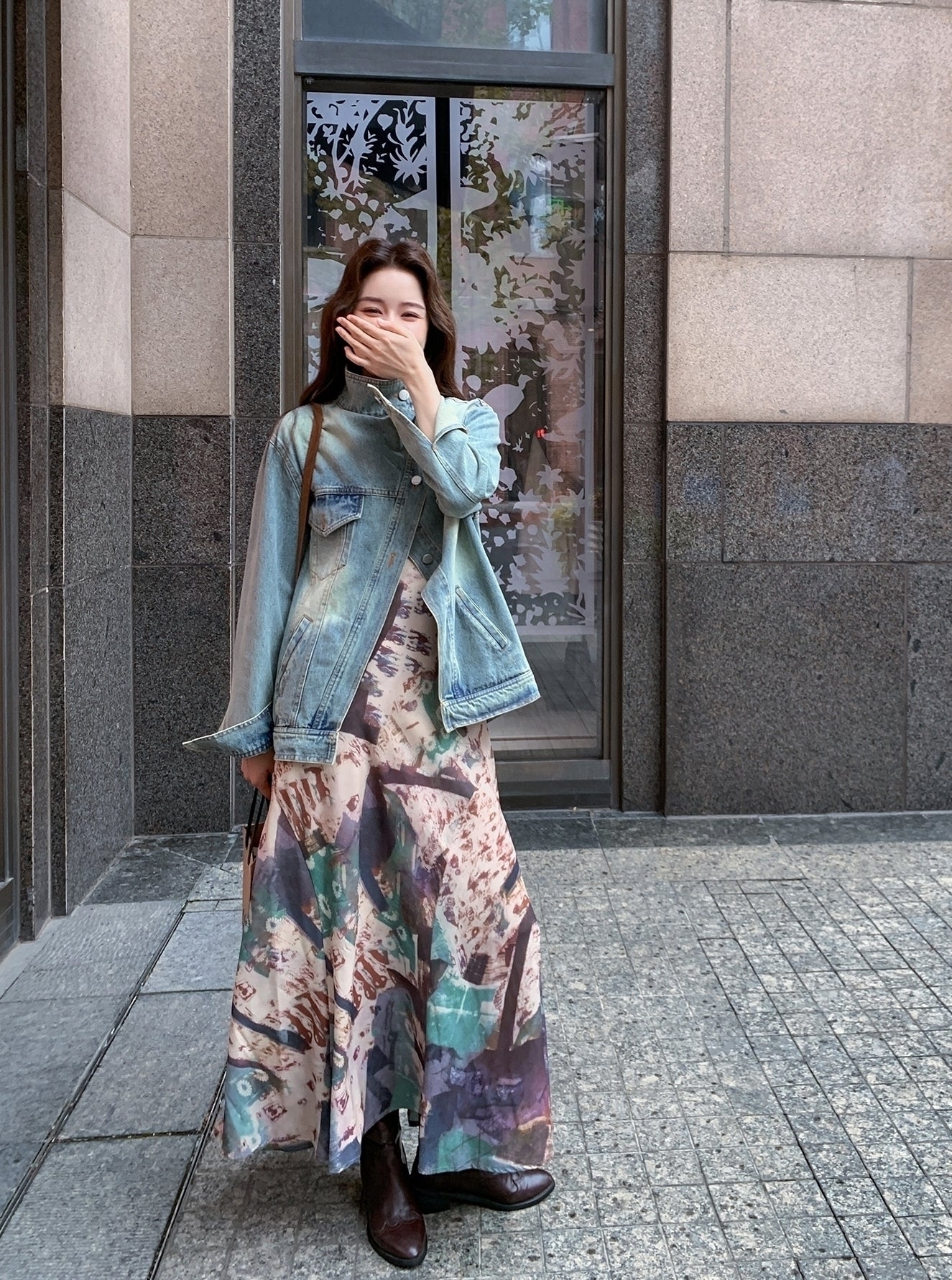 Denim Jacket And Printed Dress Set Spring Autumn