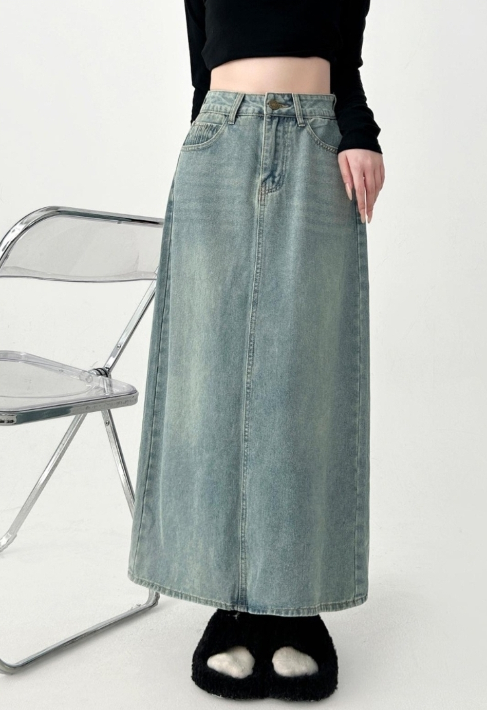 Denim Midi A Line Skirt With Front Slit