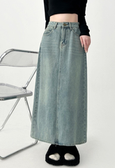 Denim Midi A Line Skirt With Front Slit