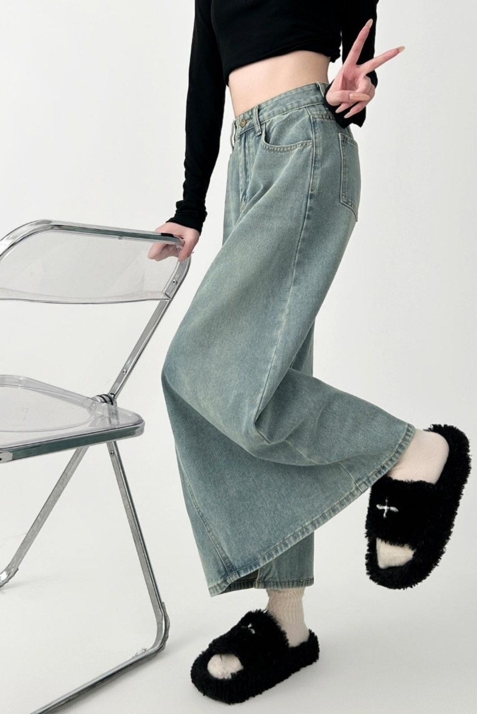 Denim Midi A Line Skirt With Front Slit