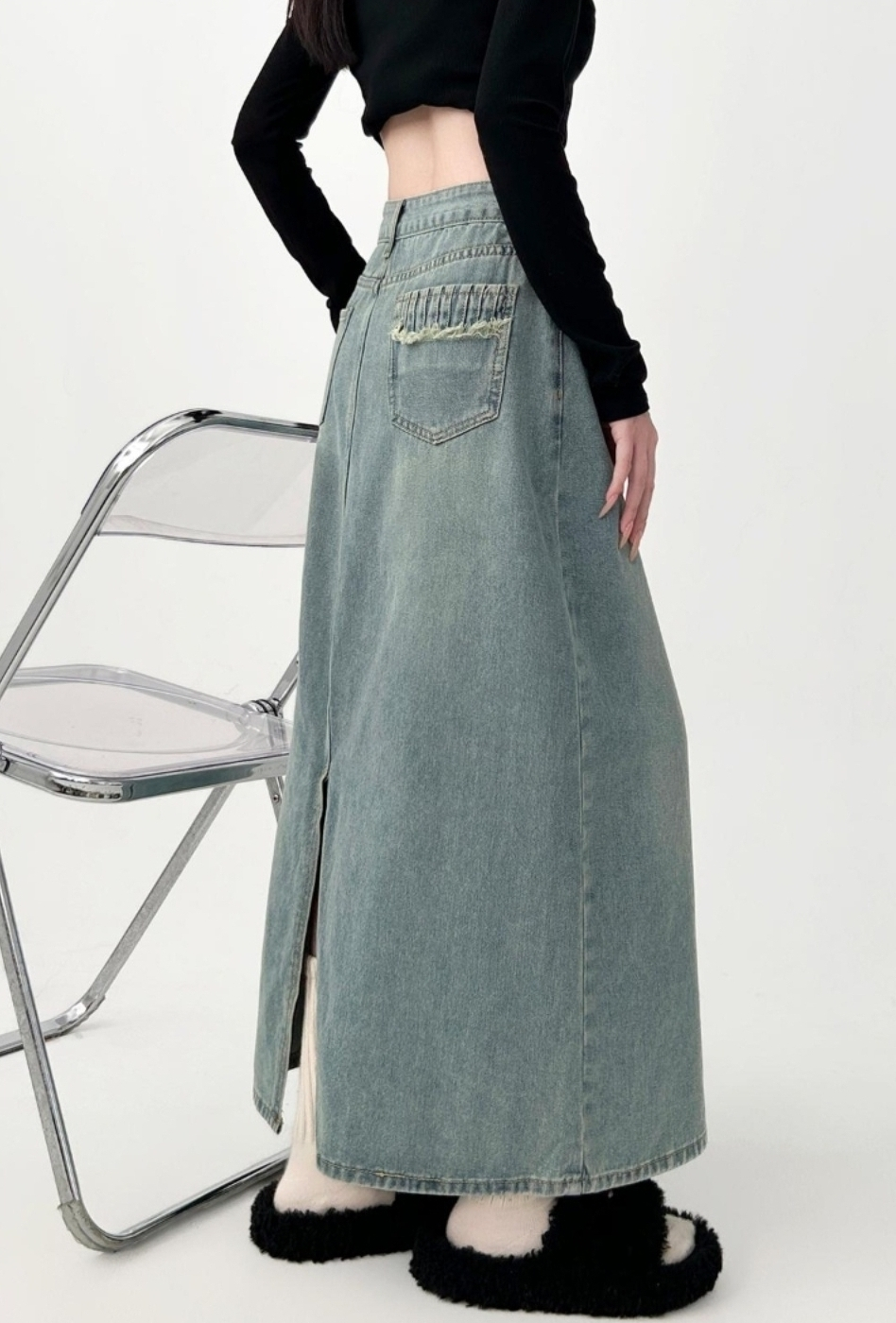 Denim Midi A Line Skirt With Front Slit