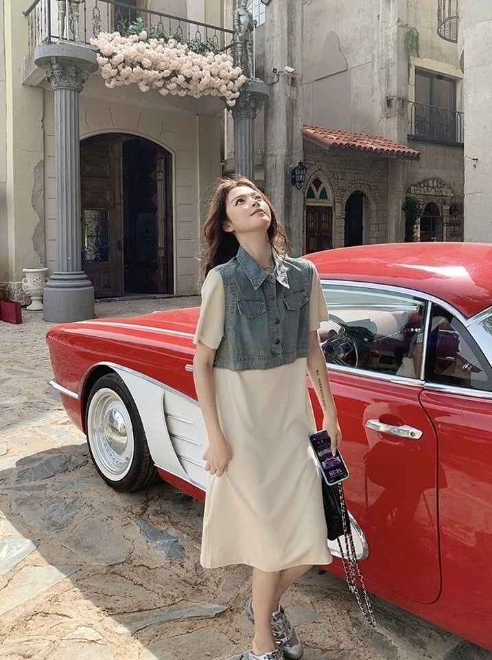 Denim Patchwork Casual Layered Style Dress