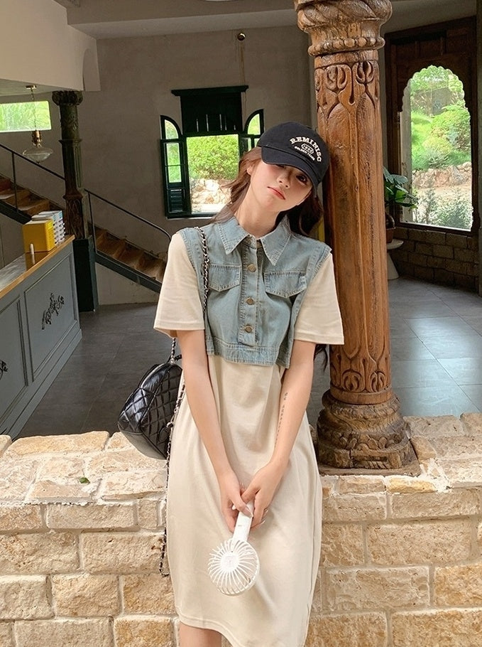 Denim Patchwork Casual Layered Style Dress