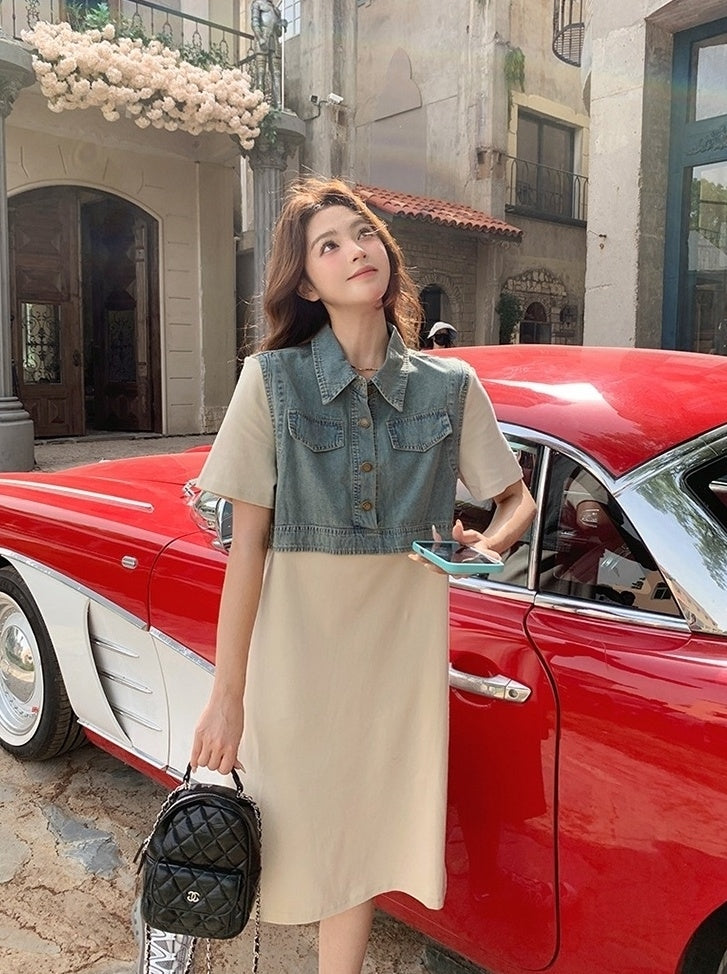 Denim Patchwork Casual Layered Style Dress