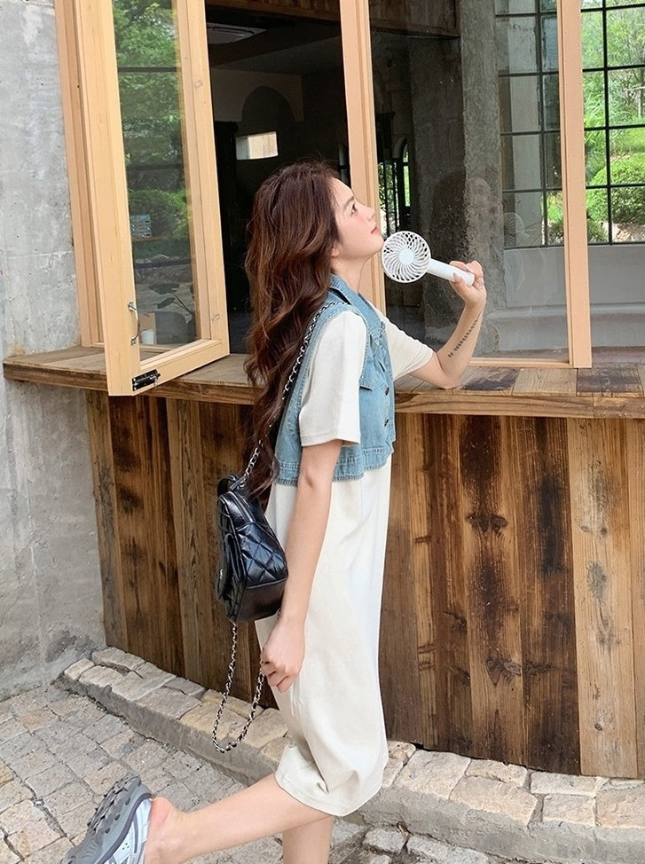 Denim Patchwork Casual Layered Style Dress