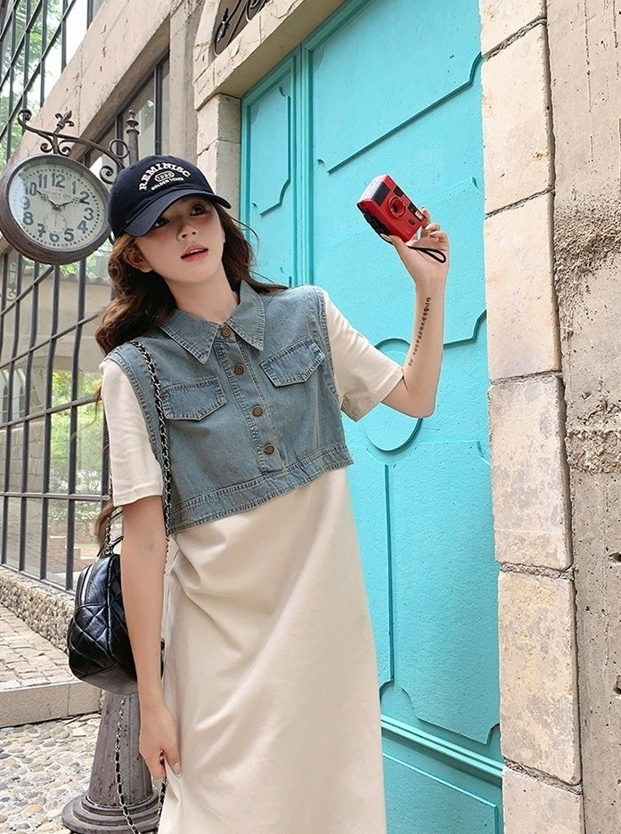 Denim Patchwork Casual Layered Style Dress