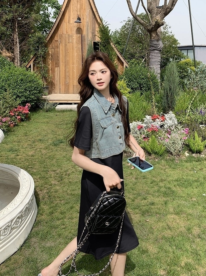 Denim Patchwork Casual Layered Style Dress