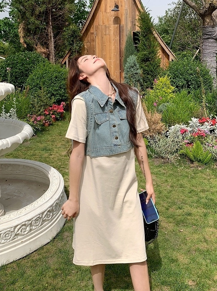 Denim Patchwork Casual Layered Style Dress