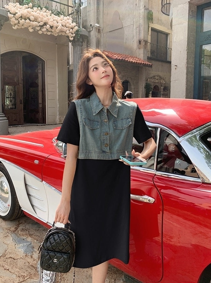 Denim Patchwork Casual Layered Style Dress