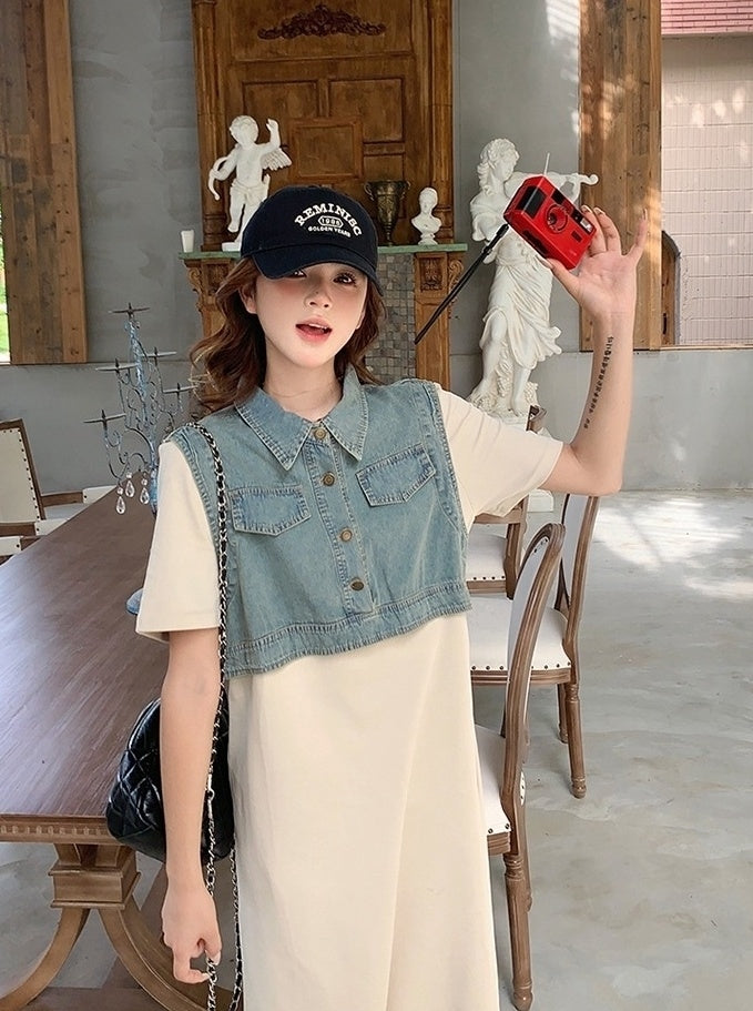 Denim Patchwork Casual Layered Style Dress