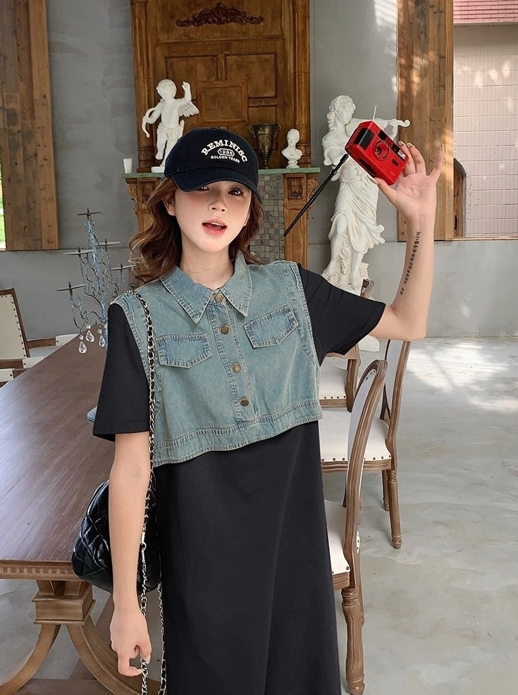 Denim Patchwork Casual Layered Style Dress