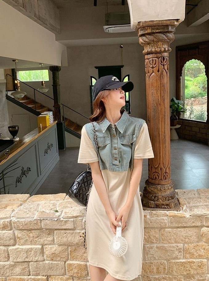 Denim Patchwork Casual Layered Style Dress
