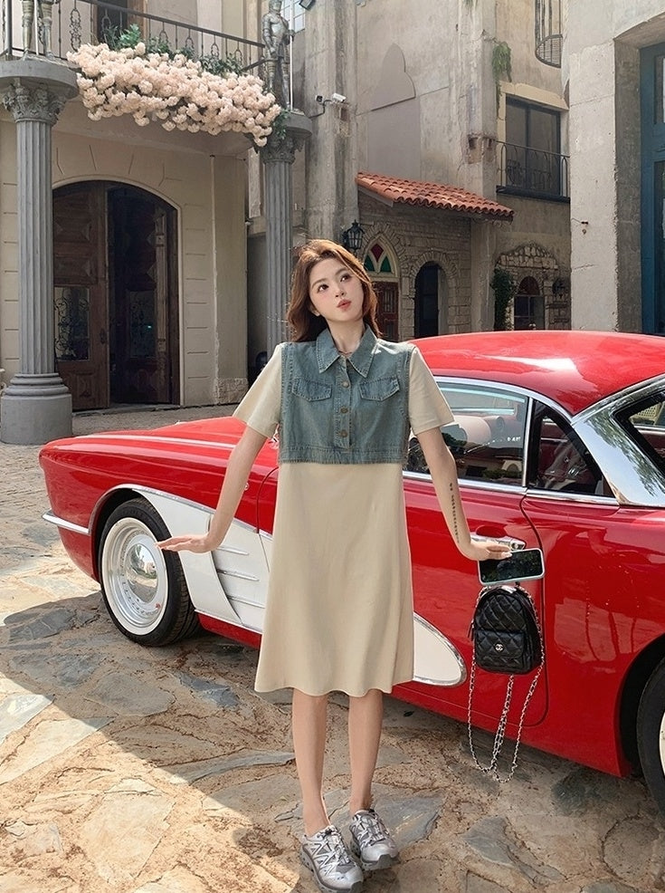 Denim Patchwork Casual Layered Style Dress