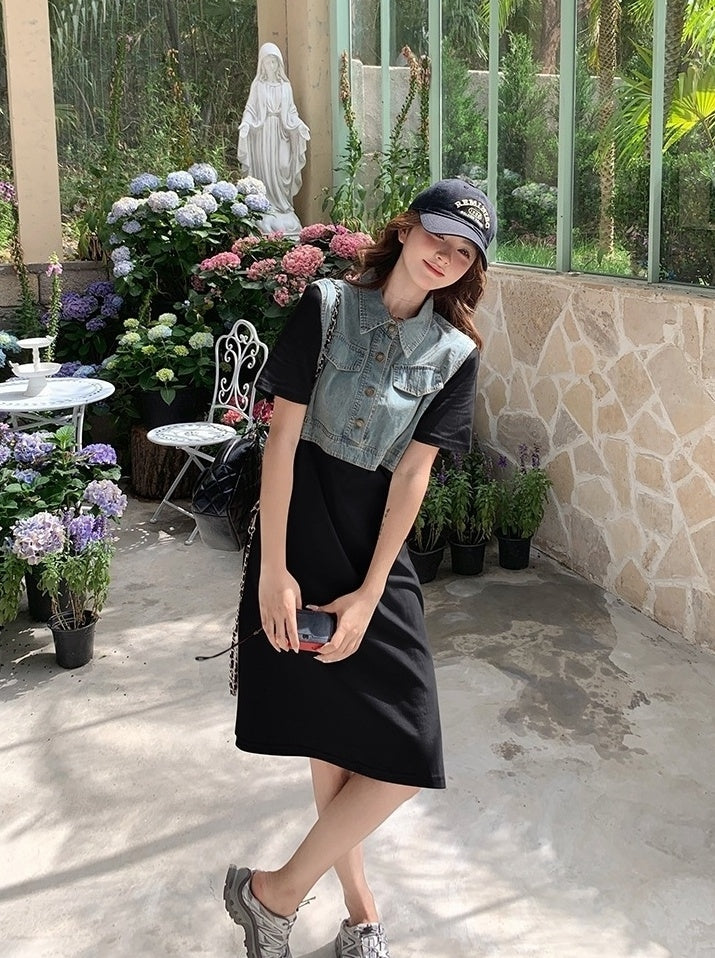 Denim Patchwork Casual Layered Style Dress