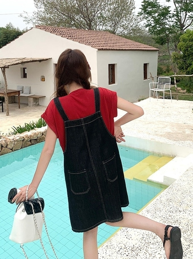 Denim Suspender Dress Casual Red T Shirt Set