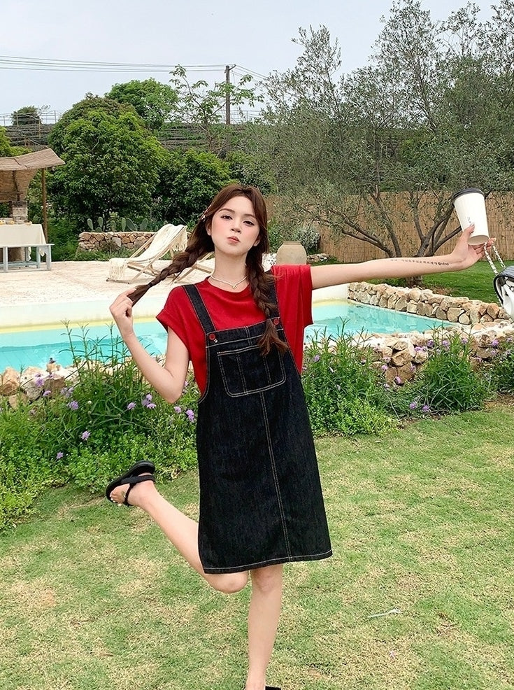 Denim Suspender Dress Casual Red T Shirt Set