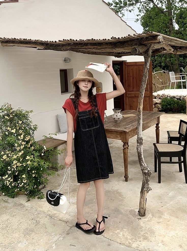 Denim Suspender Dress Casual Red T Shirt Set