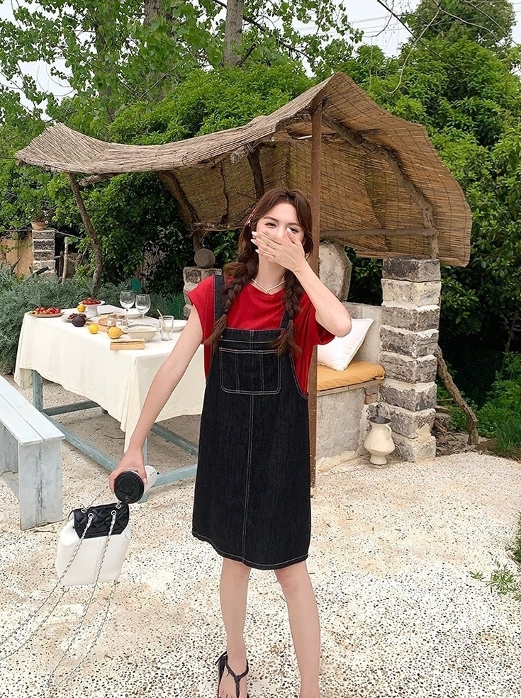 Denim Suspender Dress Casual Red T Shirt Set