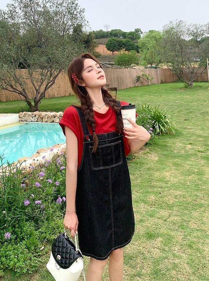 Denim Suspender Dress Casual Red T Shirt Set