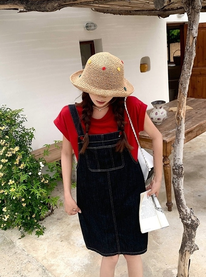 Denim Suspender Dress Casual Red T Shirt Set