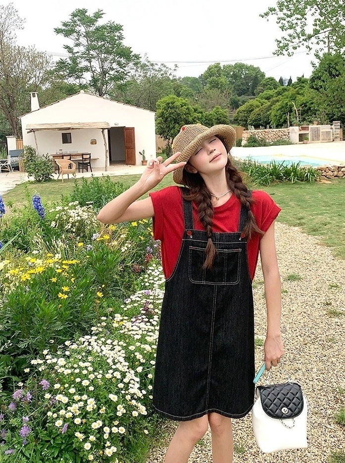 Denim Suspender Dress Casual Red T Shirt Set