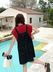 Denim Suspender Dress Casual Red T Shirt Set