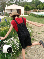 Denim Suspender Dress Casual Red T Shirt Set