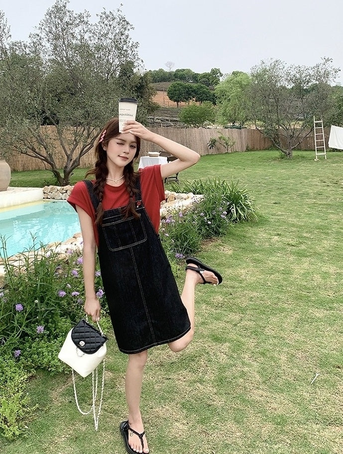 Denim Suspender Dress Casual Red T Shirt Set