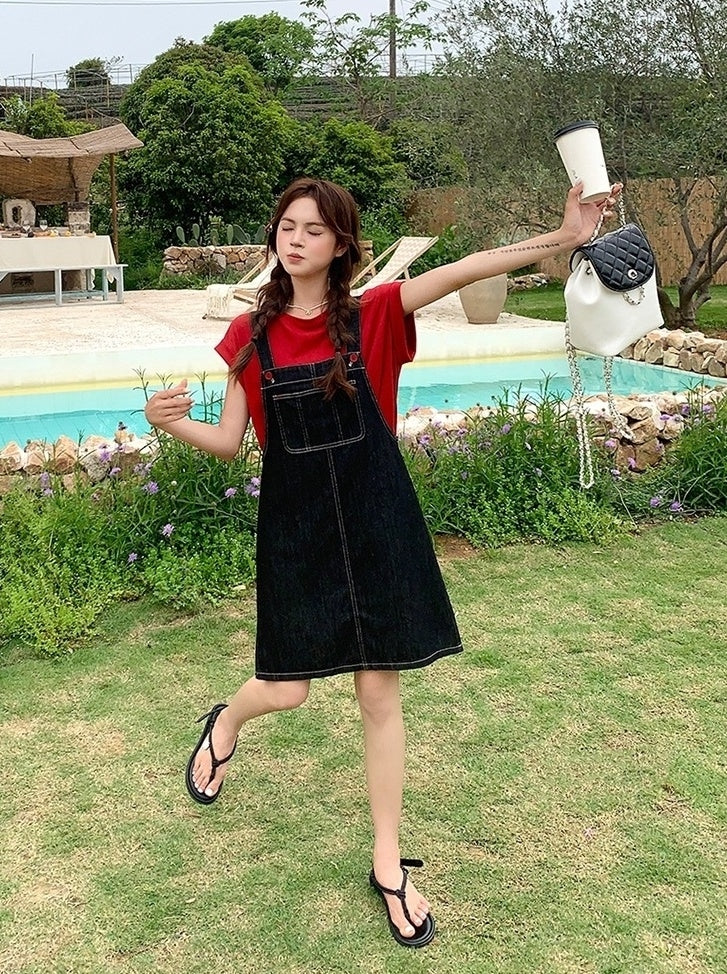 Denim Suspender Dress Casual Red T Shirt Set