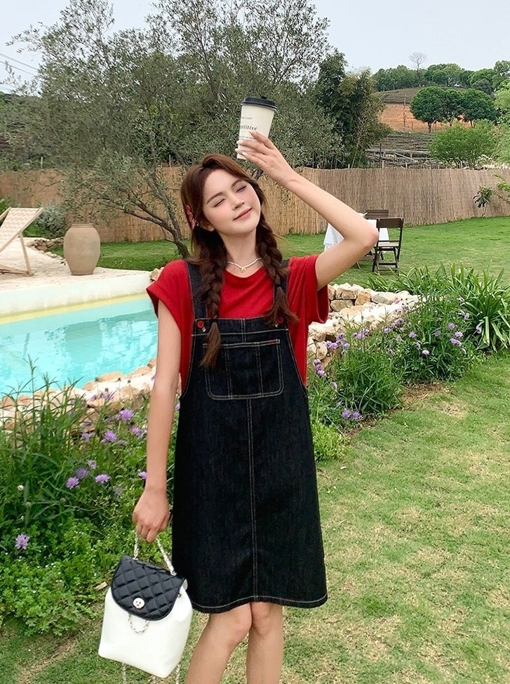 Denim Suspender Dress Casual Red T Shirt Set