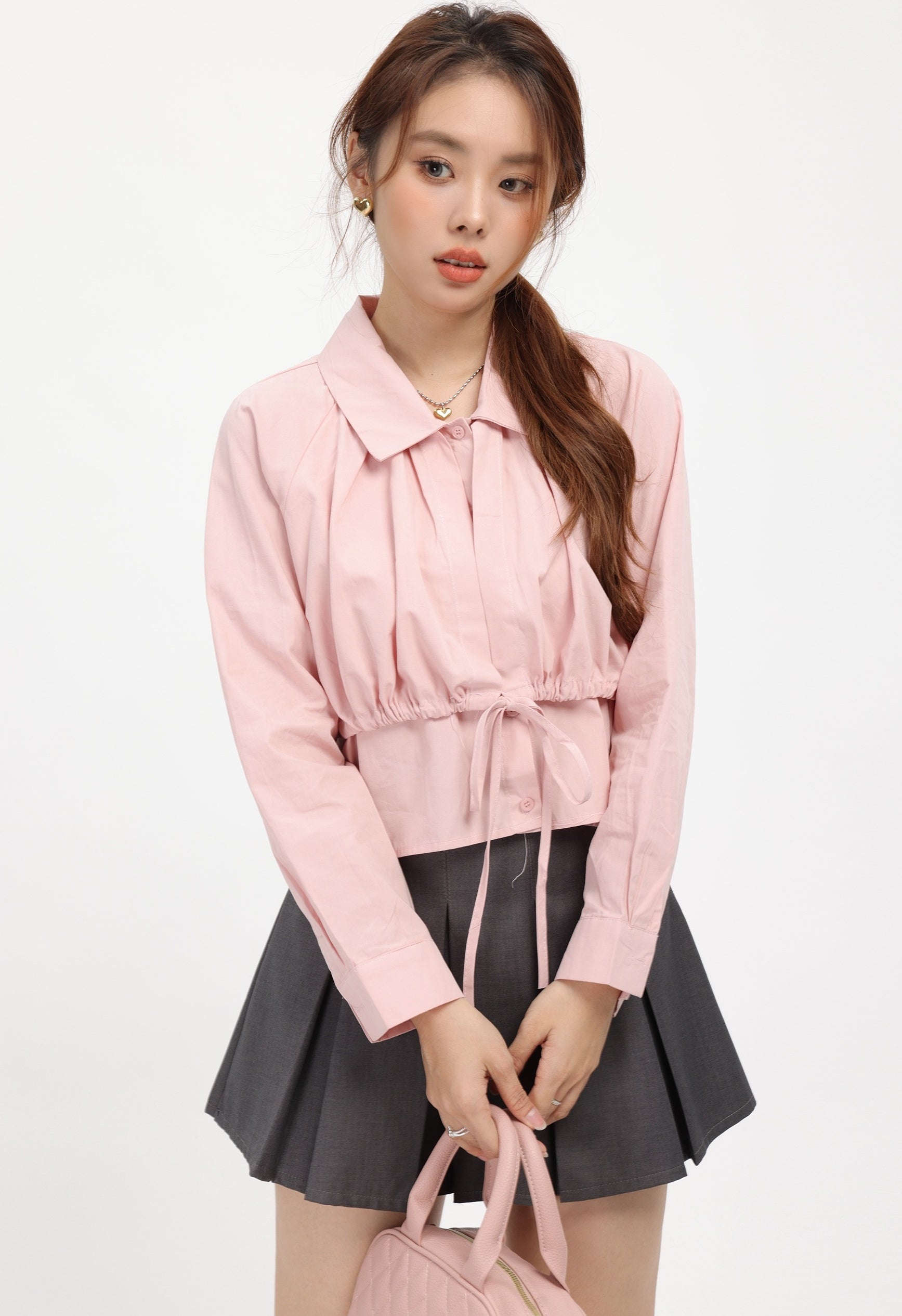 Pink Collared Button Shirt With Drawstring Waist