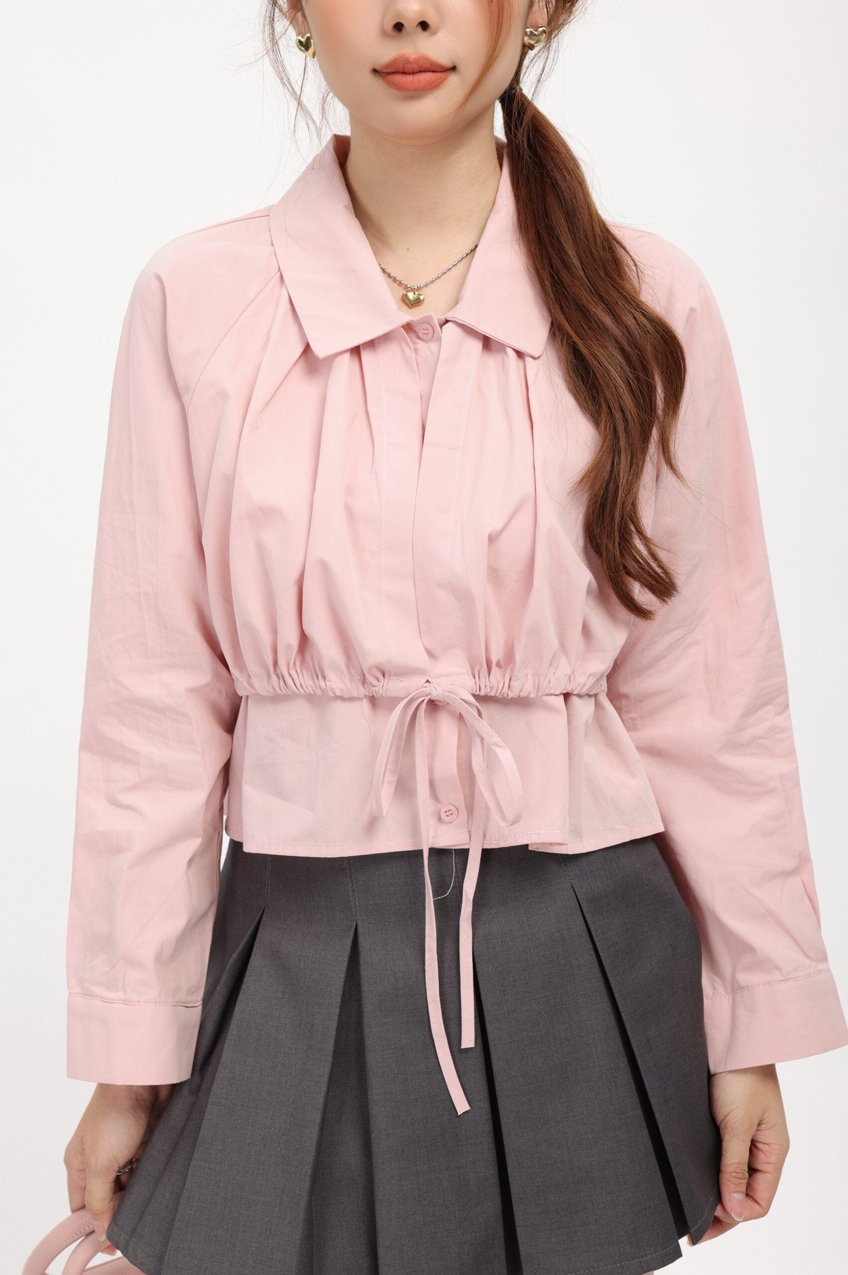 Pink Collared Button Shirt With Drawstring Waist