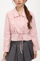 Pink Collared Button Shirt With Drawstring Waist