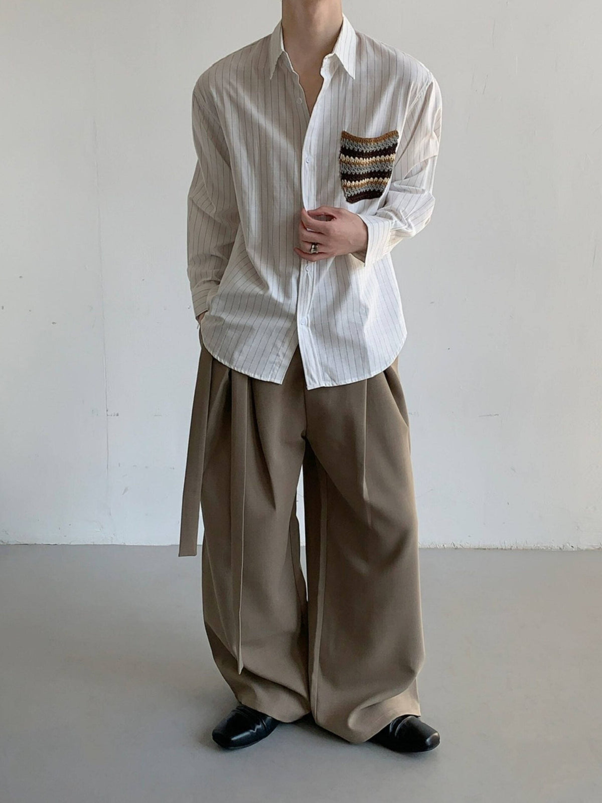 Designer Pocket Striped Relaxed Long Sleeve Shirt