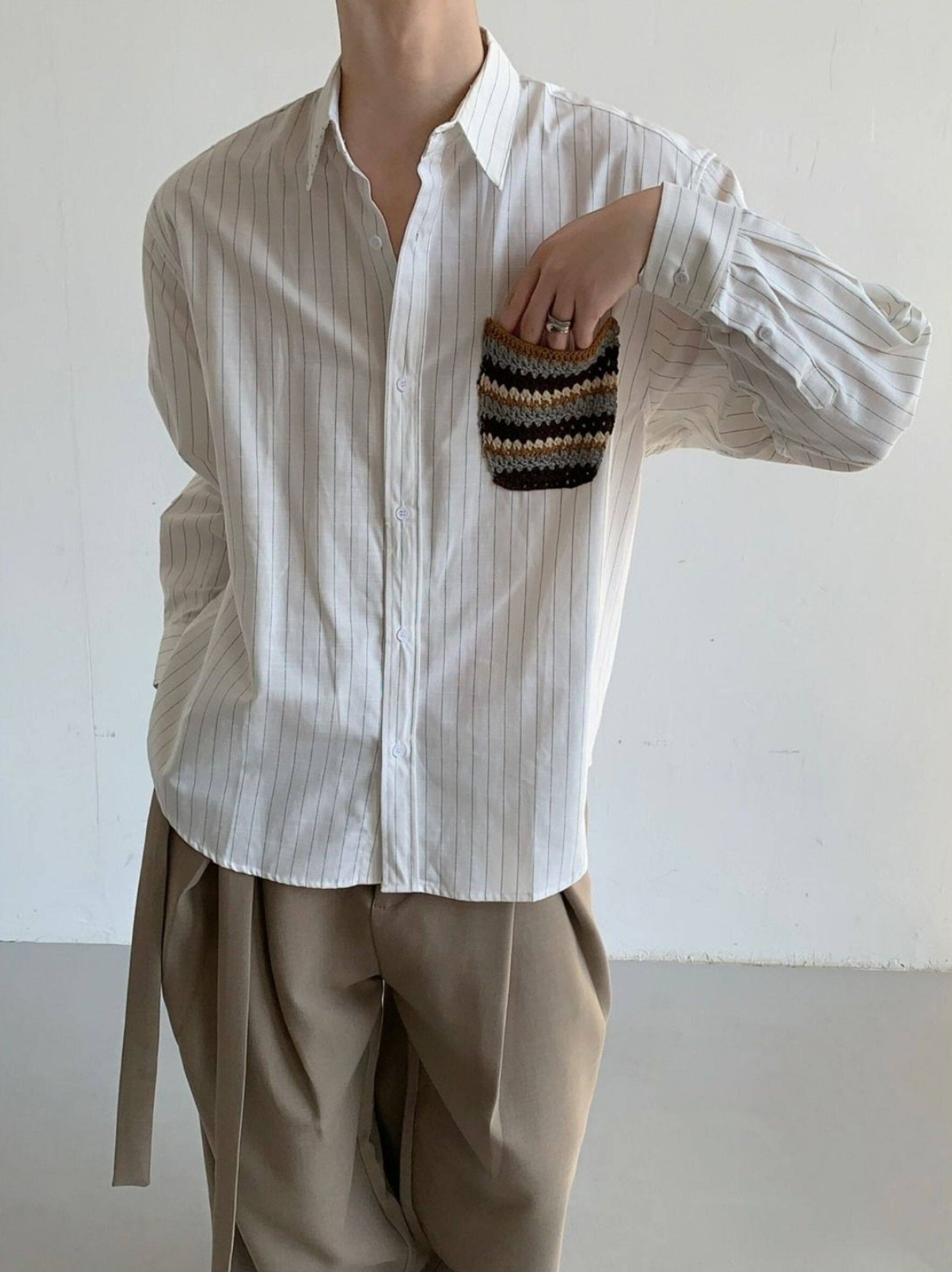Designer Pocket Striped Relaxed Long Sleeve Shirt