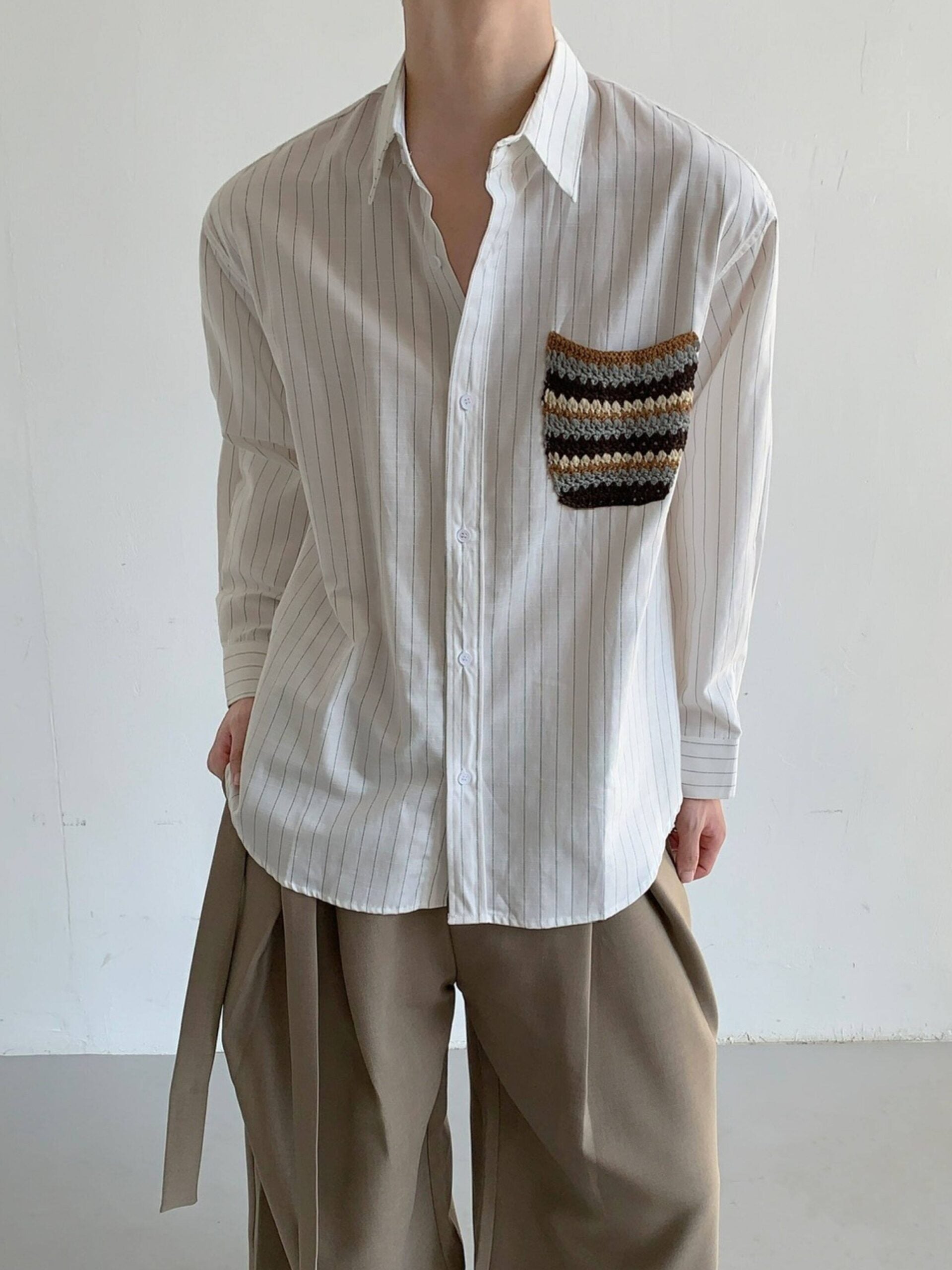 Designer Pocket Striped Relaxed Long Sleeve Shirt
