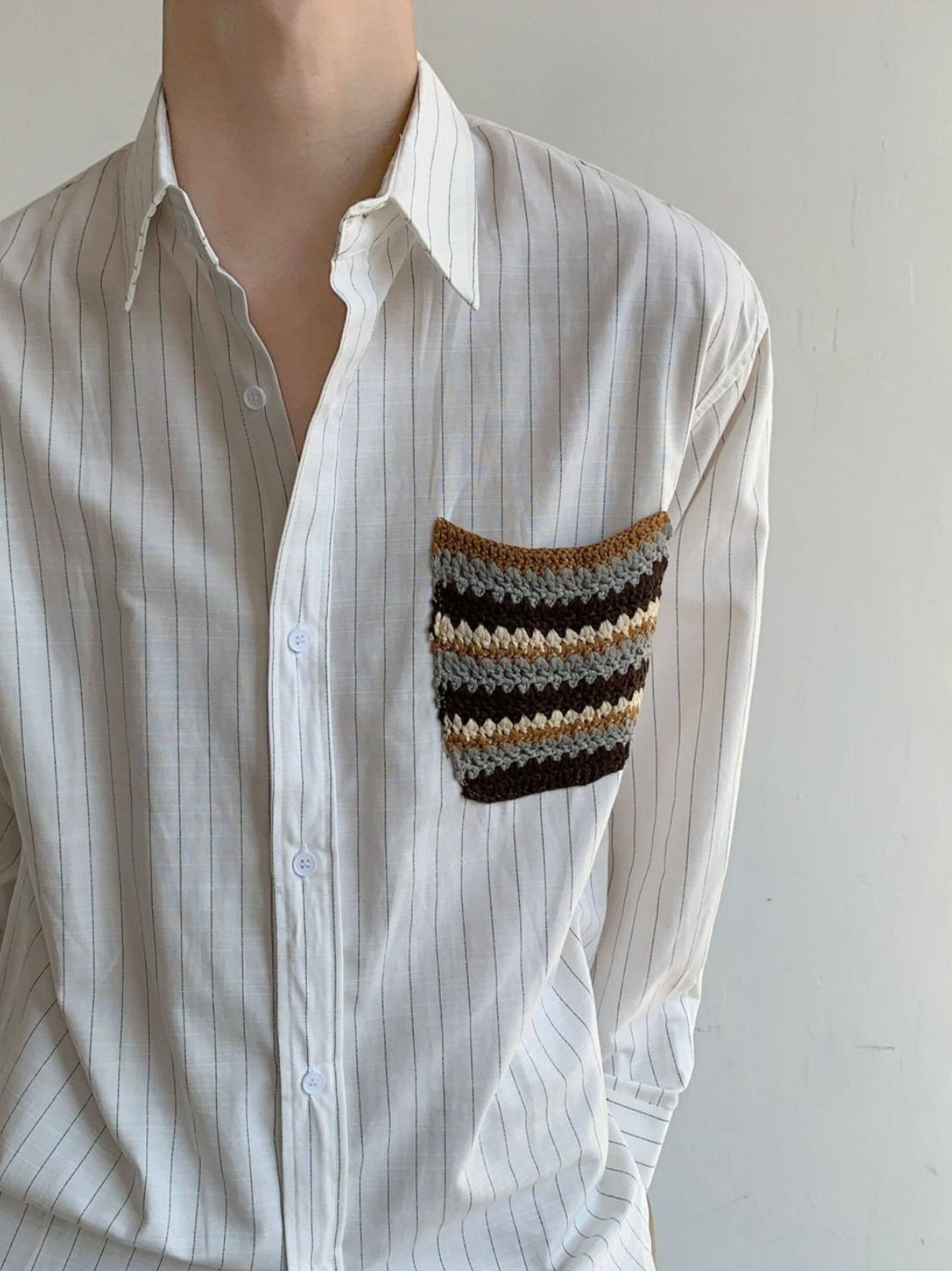 Designer Pocket Striped Relaxed Long Sleeve Shirt