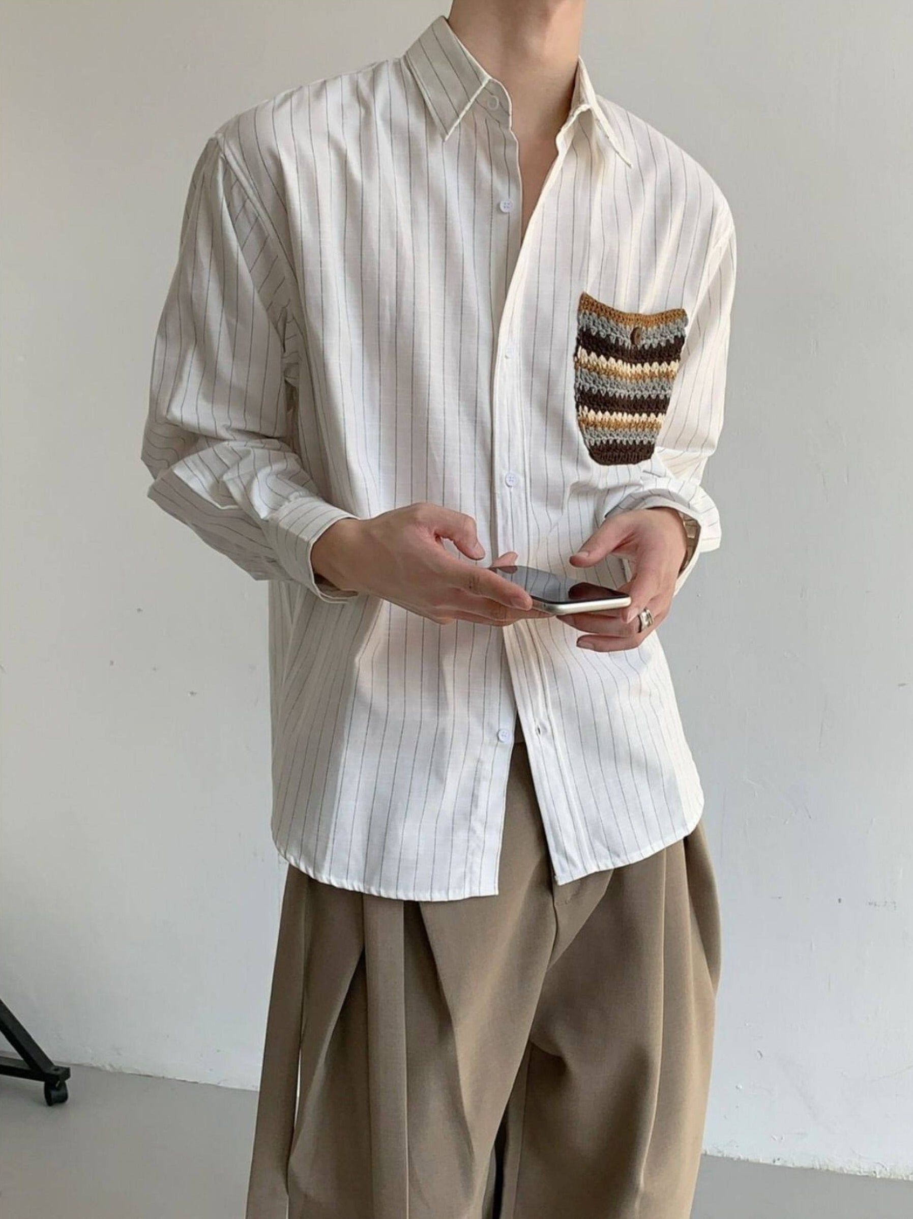 Designer Pocket Striped Relaxed Long Sleeve Shirt